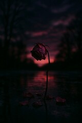 Lone flower silhouette against a vibrant pink sunset reflected in dark water