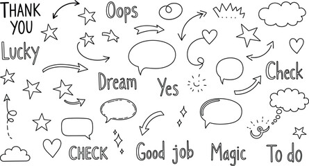 Doodle Elements Set with Stars, Arrows, Speech Bubbles, Clouds, and HandLettered Words
