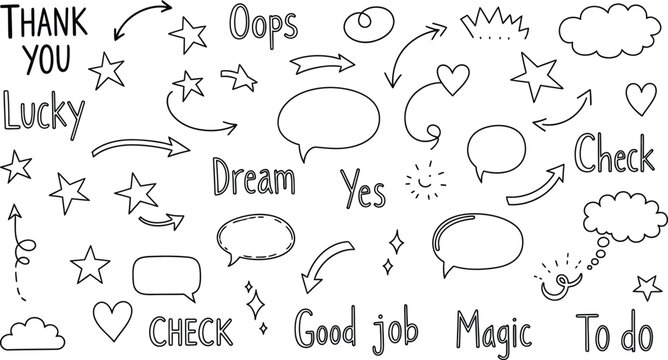 Doodle Elements Set with Stars, Arrows, Speech Bubbles, Clouds, and HandLettered Words
