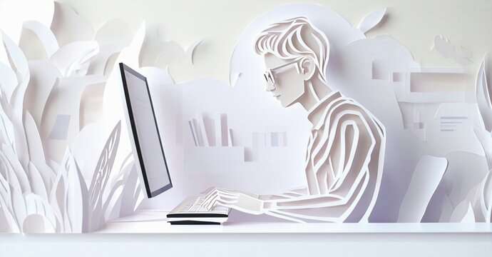 Papercraft illustration depicts man using laptop. Background features abstract shapes resembling foliage, charts, buildings. Minimalist style, white color scheme.