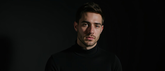 Serious young man poses against dark background, showcasing modern and stylish look. His expression conveys confidence and poise