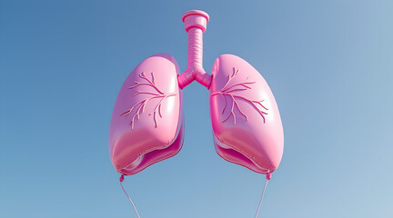 Vibrant pink balloon lungs float dreamily against clear blue sky, symbolizing health, breath, and airy freedom for medical or wellness campaigns.