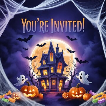 Spooky halloween haunted house invitation with pumpkins and ghosts