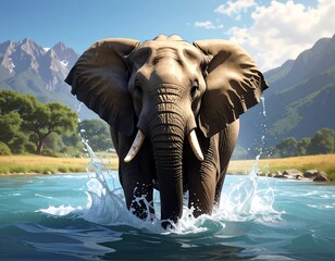 Fototapeta premium A majestic pachyderm walks through water, creating splashes. The background features mountains, grass, and a bright blue sky