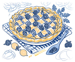 Hand drawn tropical beach with palm trees sun sea waves and mountains in blue yellow colors