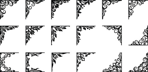 Decorative Floral Corner Ornaments Set in Black and White, Ornamental Dividers