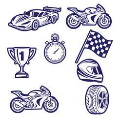Vector illustration of racing elements including cars motorcycles and racing related accessories
