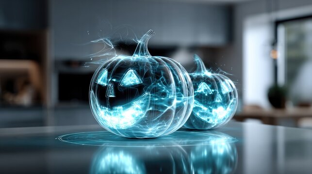 Enchanted Halloween Pumpkins: Two mystical jack-o'-lanterns shimmer with an ethereal glow, poised on a modern surface, creating an atmosphere of mysterious celebration.  - Powered by Adobe