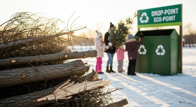 Family recycling Christmas tree at eco drop-point in winter — perfect for sustainable living, environmental education, post-holiday cleanup and family values content.