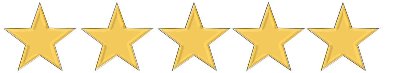 Obraz premium Five bright yellow stars isolated on white background. Vibrant and glossy rating icons symbolizing excellent feedback, perfect quality, and top performance for customer satisfaction, product reviews, 