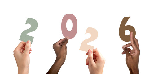 2026 new year celebration concept. Diverse multiethnic people raising colorful hands forming numbers