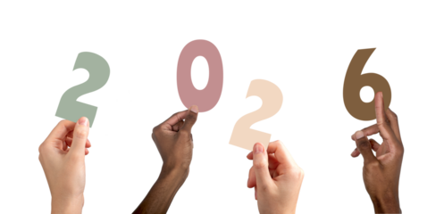 2026 new year celebration concept. Diverse multiethnic people raising colorful hands forming numbers