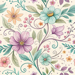 Whimsical watercolor floral pattern seamless repeating design delicate botanical art illustration