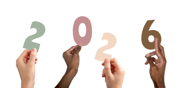 2026 new year celebration concept. Diverse multiethnic people raising colorful hands forming numbers