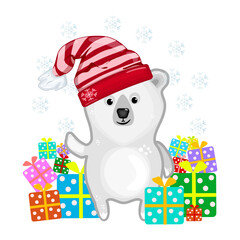 Christmas polar bear with gift box isolated on white background. Teddy with Santa hat and pile presents. Bear wearing red cap, gift boxes and snowflakes around. Festive winter bear.Vector illustration