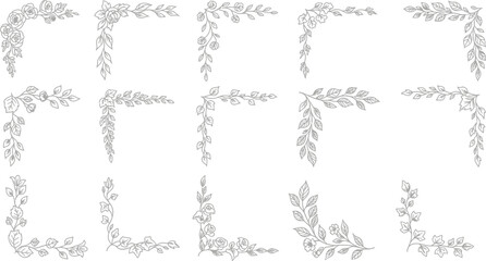 Obraz premium Floral Corner Ornament Collection, Decorative Frame, Leaves, Elegant Border Design, Line Art
