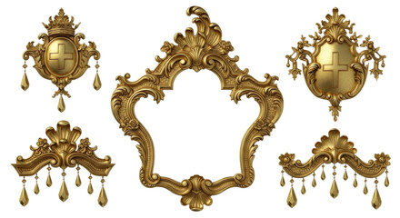 Ornate gold rococo frame and embellishments transparent background cutout png
