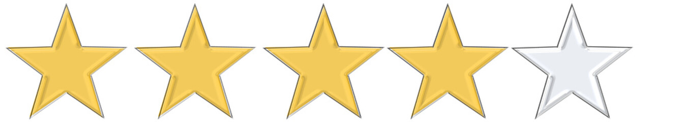 Four yellow stars with one transparent crystal star isolated on white background. Elegant and balanced rating design symbolizing near-perfect feedback, premium quality, and refined visual aesthetics 