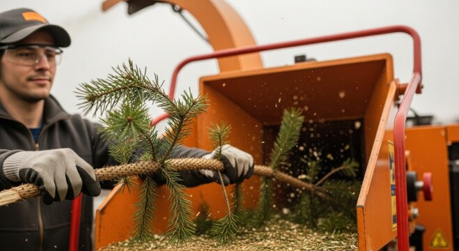 Man feeding Christmas tree branches into wood chipper for recycling &mdash; perfect for eco-friendly disposal, sustainable living, green technology and post-holiday cleanup content.