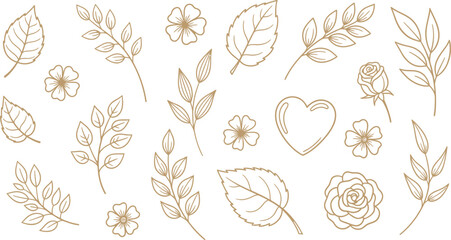 Golden Floral and Heart Outlines on White Leaf, Rose, Blossom, Branch Elements