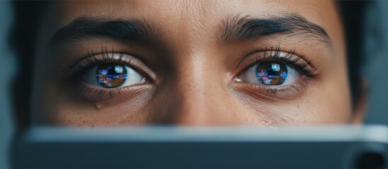 Woman feeling upset and crying, with pixelated data and glitches reflecting in her eyes, depicting concepts of cyberbullying, online issues, and the emotional impact of technology