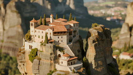 Top-down tilt-shift aerial photo of Meteora rock pillars and monasteries