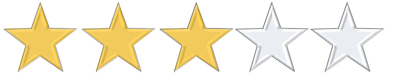 Three yellow stars and two transparent crystal mirror stars isolated on white background. Shiny and elegant rating composition representing mixed feedback, balanced quality, and artistic visual design