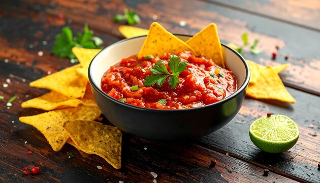 Appetizing image shows a bowl of vibrant salsa with tortilla chips and a lime, on a dark wood surface, adorned with fresh herbs