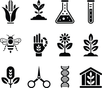 Corn plant bee flask test tube robot hand flower DNA scissors greenhouse