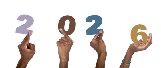 2026 New Year celebration. Dark-skinned male hand raised holding colorful multicolor numbers,