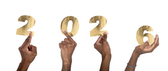 2026 New Year celebration. Black-skinned male hand holding golden metallic numbers with shiny