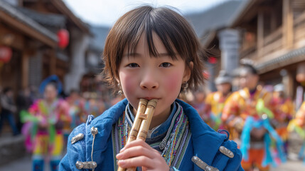 Portrait of a young Miao girl playing a traditional bamboo flute during the vibrant Miao New Year festival parade in a Chinese village