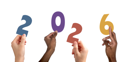 2026 new year celebration. Diverse multiethnic group raising colorful hands with numbers and letters