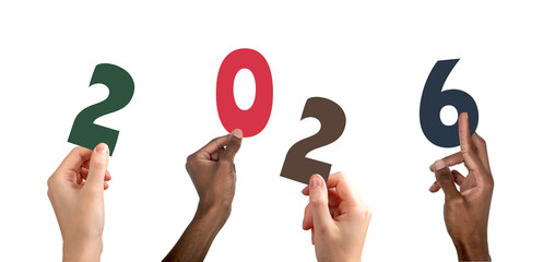 2026 new year celebration. Diverse multiethnic team raising colorful hands with numbers and letters,