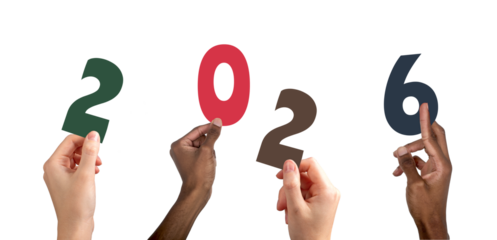 2026 new year celebration. Diverse multiethnic team raising colorful hands with numbers and letters,