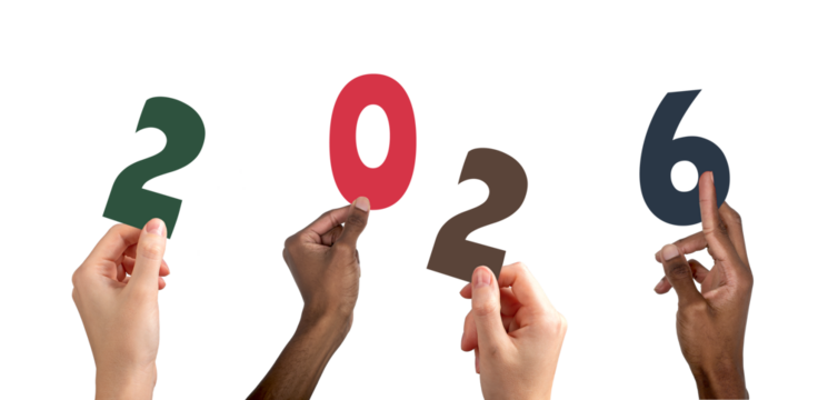 2026 new year celebration. Diverse multiethnic team raising colorful hands with numbers and letters, - Powered by Adobe