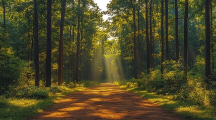 Obraz premium Panoramic Enchanted Forest: Tall Trees, Sunlight Through Leaves & Ground Light Patterns, Tranquil Vibe for Decor/Prints/Social Media