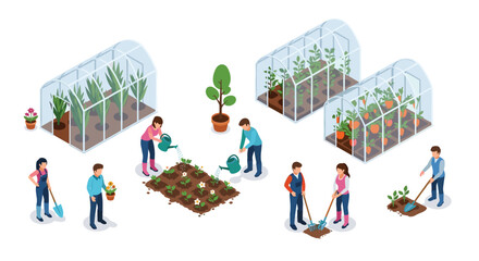 Diverse gardeners tending lush greenhouses and vibrant vegetable patches, cultivating growth and harvest in a bright, modern setting