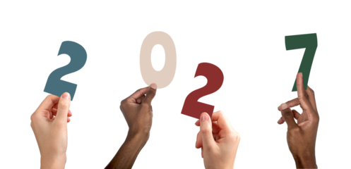 2027 new year celebration concept. Diverse multiethnic people raising colorful hands forming numbers