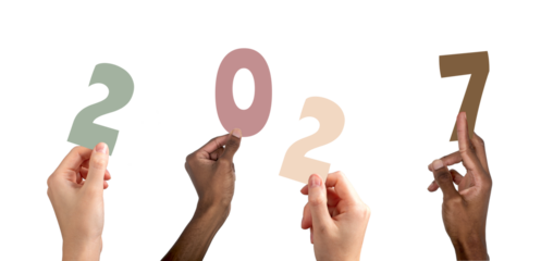 2027 new year celebration concept. Diverse multiethnic people raising hands forming numbers, festive