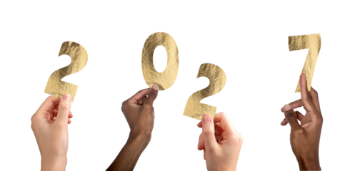 2027 new year celebration card. Multiethnic friends raising hands forming numbers, joyful winter