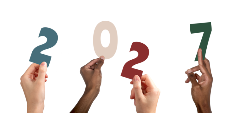 2027 new year celebration concept. Diverse multiethnic people raising colorful hands forming numbers