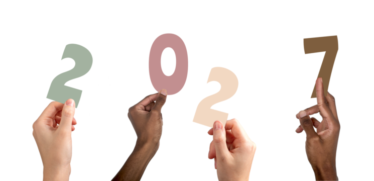 2027 new year celebration concept. Diverse multiethnic people raising hands forming numbers, festive