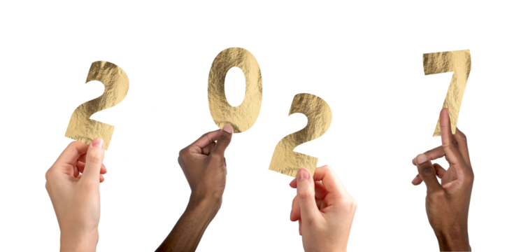 2027 new year celebration card. Multiethnic friends raising hands forming numbers, joyful winter