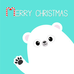 Merry Christmas. Big white polar bear waving hand paw print. Happy New Year. Cute cartoon funny kawaii baby character. Greeting Card. Flat design. Blue background. Vector