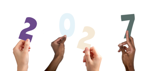 2027 new year festive scene. Multiethnic group of colorful hands forming numbers with raised fingers