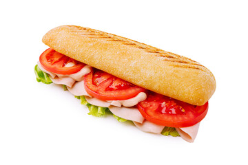 Fresh sandwich with lettuce, tomato, and turkey meat on a soft bread roll