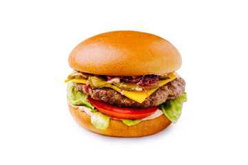 Delicious cheeseburger with fresh lettuce and tomato on a soft bun