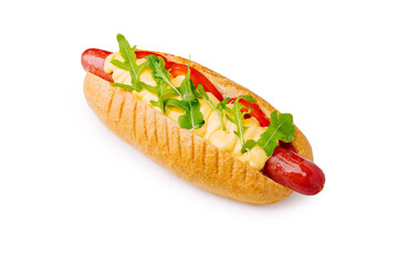 Delicious hot dog with fresh toppings served on a soft bun