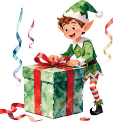 Watercolor Cheerful Christmas Elf Unpacking Present Illustration Art